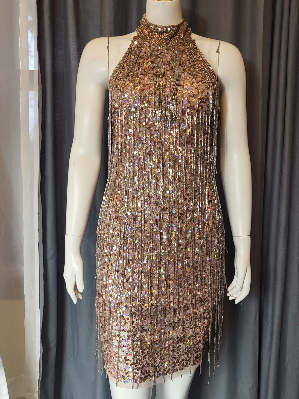 Sequin Fringe Halter Mini Dress - Rose Gold